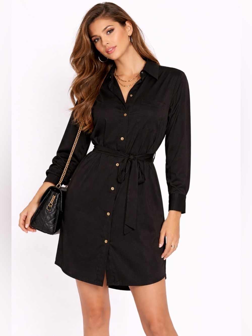 L’Academie Los Angeles Button Front Shirt Dress | Size M | Black Tie Waist